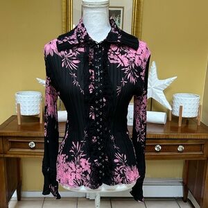 Womens Y2K Vtg Pink Black Floral Crinkle Fairy Grunge Lace Up Front Blouse M/ L